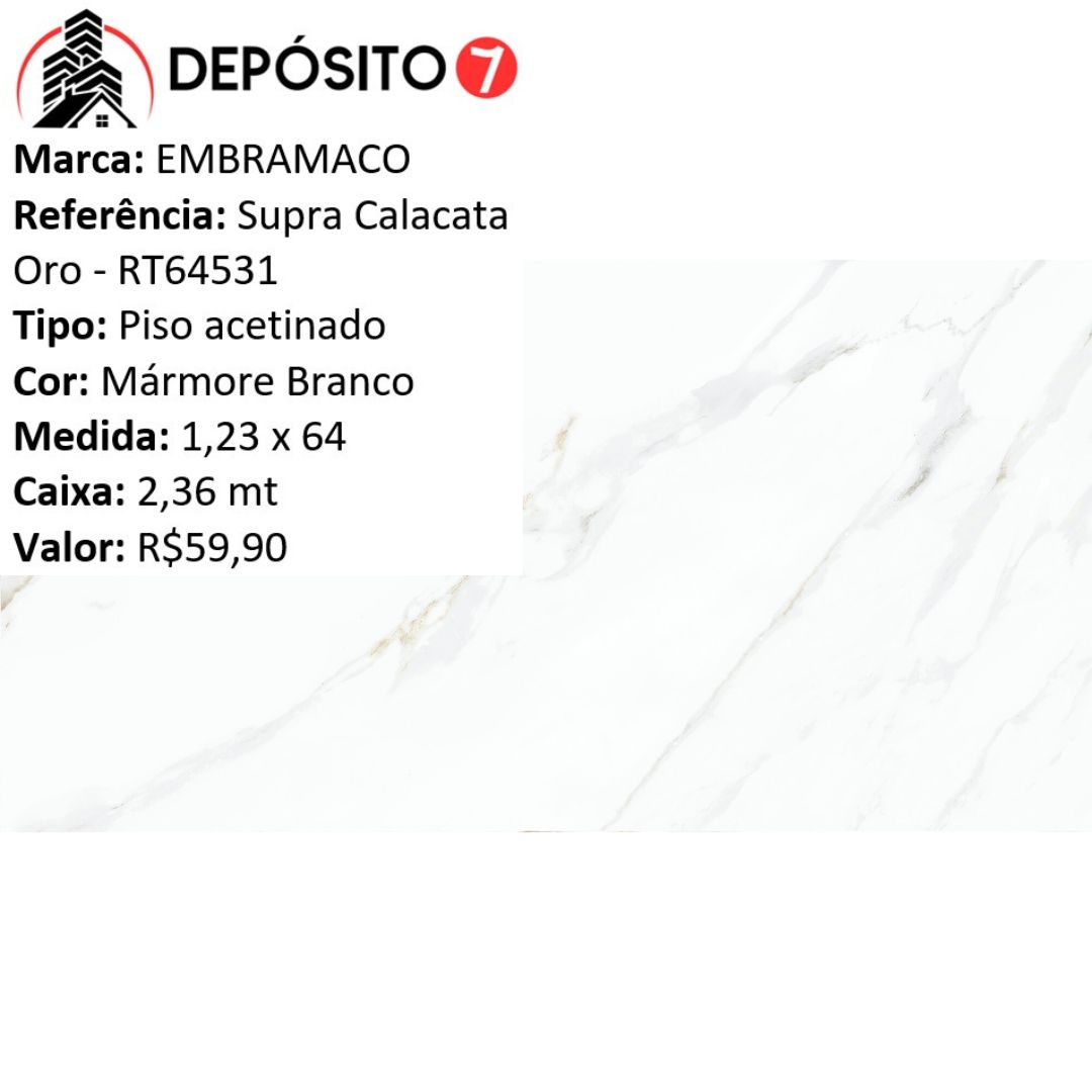 EMBRAMACO PISO RETIFICADO 64 X 1,23 SUPRA CALACATA ORO RT64531 (CAIXA COM 2,36MT)